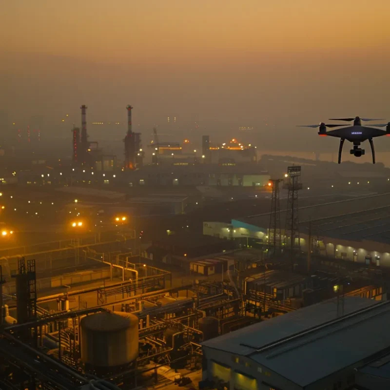 a drone hovers above a sprawling industrial complex, capturing intricate details of rooftops and structures, bathed in bright artificial lighting that highlights the advanced technology in use for structural inspections.